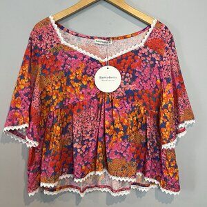 Rustty Dustty Flowy Crop Top Womens Size XL Colorful Short Bell Sleeves NWT